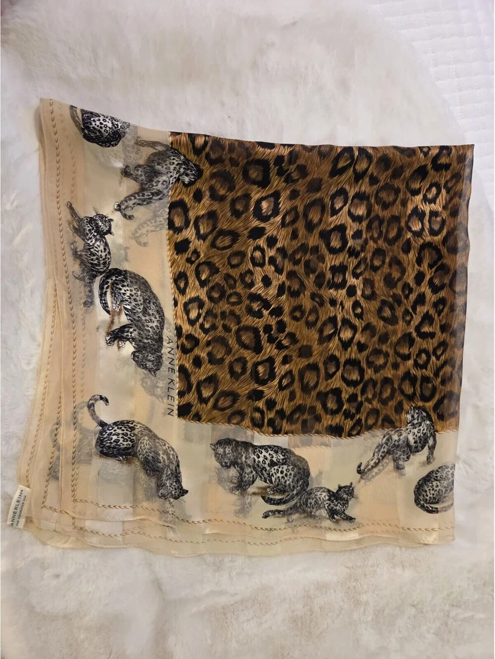 Anne Klein For Collection XIIX Brown Beige Leopard Animal Silk Scarf Vintage